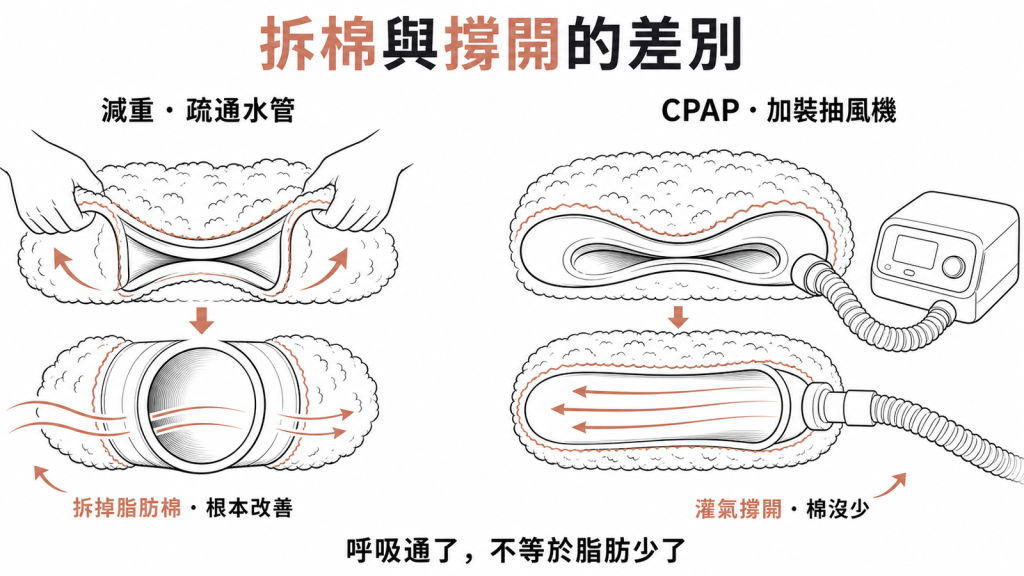減重像拆掉水管外的脂肪棉根本改善呼吸塌陷，CPAP像抽風機灌氣壓撐開但脂肪棉沒少