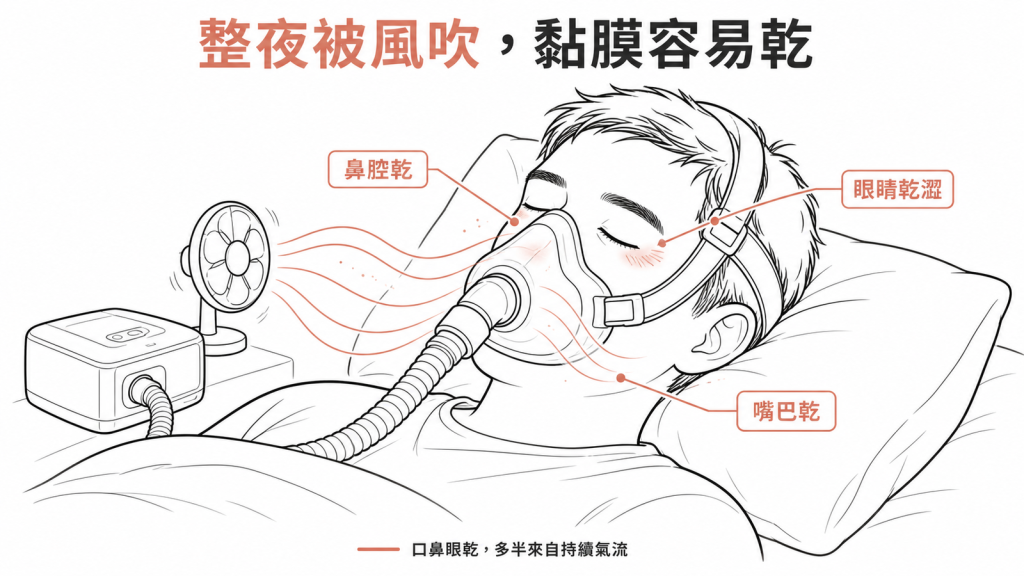 CPAP像整夜對著臉吹的風扇，帶走黏膜水分造成嘴巴乾、鼻腔乾與眼睛乾澀