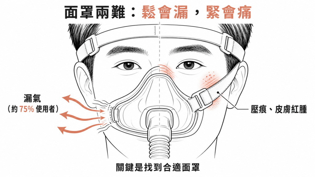 CPAP面罩兩難：綁太鬆會漏氣約影響75%使用者，綁太緊會壓出痕跡與皮膚紅腫，關鍵是找到合適面罩