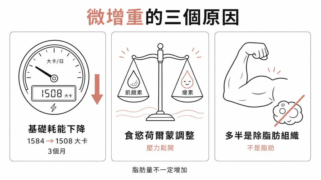 CPAP微增重三原因：基礎代謝率從1584降到1508大卡、食慾荷爾蒙壓力鬆開、增的多半是除脂肪組織不是脂肪