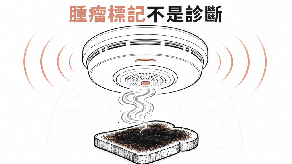 腫瘤標記像煙霧警報但不等於癌症診斷的衛教圖
