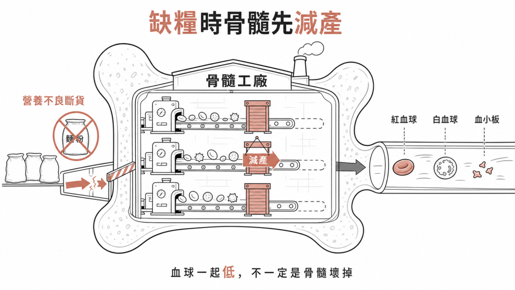 骨髓像麵包工廠嚴重營養不良像原料斷貨骨髓會減產關生產線紅血球白血球血小板一起變少血球一起低不一定是骨髓壞掉
