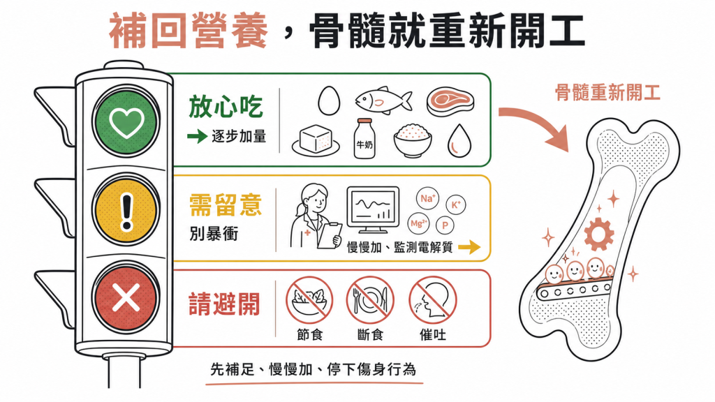 補回營養骨髓就重新開工綠燈放心吃優質蛋白逐步加量黃燈恢復進食別暴衝慎防再餵食症候群監測電解質紅燈避開節食斷食催吐