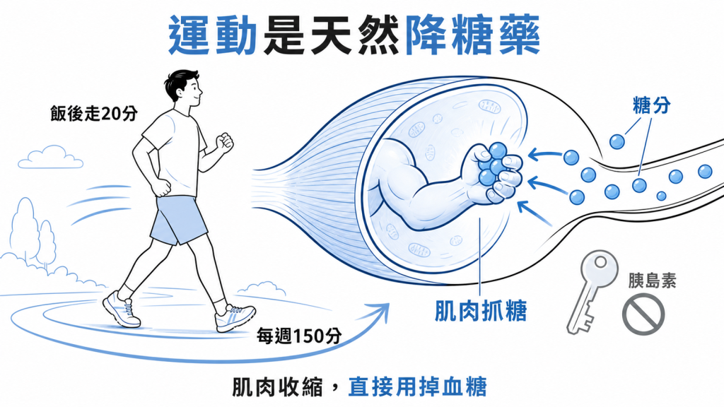 運動時肌肉收縮不需胰島素就能把血糖直接抓進細胞用掉,飯後走20分、每週150分改善血糖