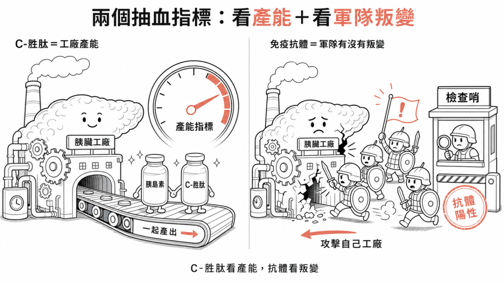 兩個進階抽血指標:C-胜肽像胰島素的雙胞胎,看胰臟工廠還有沒有產能;免疫抗體看免疫軍隊有沒有叛變攻擊自己的工廠