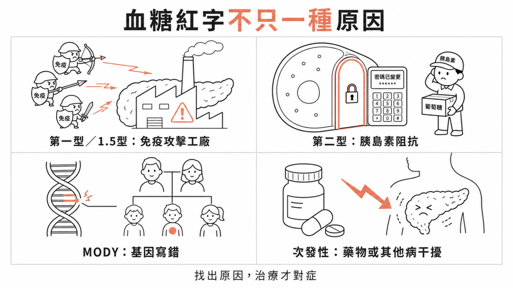 血糖紅字不只一種原因:第一型與1.5型免疫攻擊工廠、第二型胰島素阻抗、MODY基因寫錯、次發性藥物或其他病干擾,找出原因才能對症