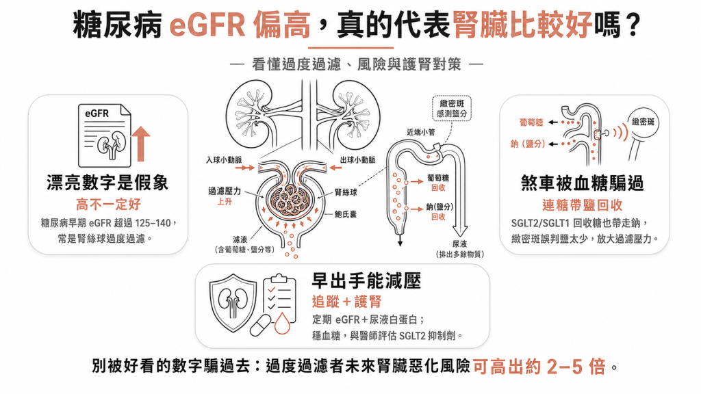 糖尿病 eGFR 偏高多半是腎絲球過度過濾，是腎病變早期警訊，過度過濾者未來腎臟惡化風險高出約 2 到 5 倍的資訊圖