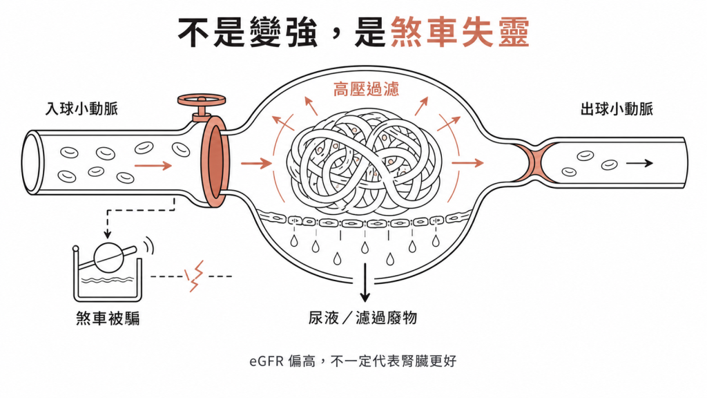 濾水器比喻：糖尿病早期入球小動脈開大、出球小動脈收窄，腎絲球高壓過濾，煞車被血糖騙過