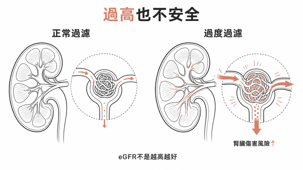 正常過濾與過度過濾對比：eGFR 過高並不安全，過度過濾會增加腎臟傷害風險