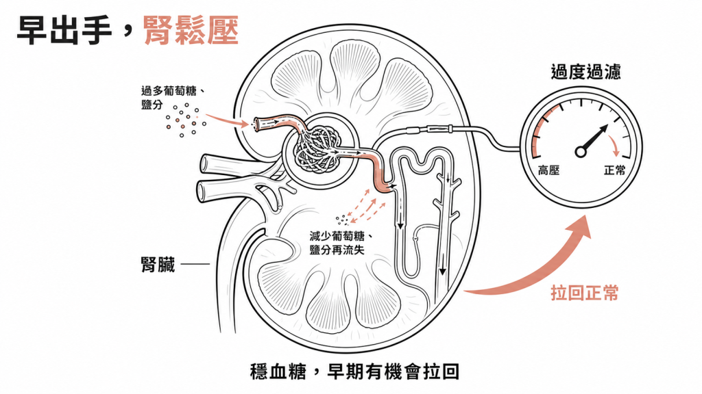 早期穩血糖與 SGLT2 抑制劑護腎，把過度過濾的高壓拉回正常範圍