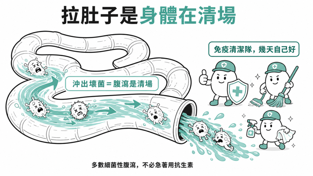 腹瀉多是身體主動沖出壞菌在清場，免疫系統像清潔隊幾天內自己清乾淨，多數細菌性腹瀉不必急著用抗生素
