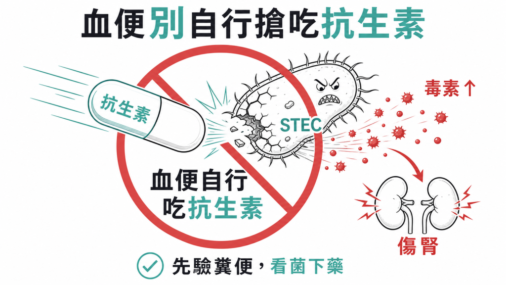 血便別自行搶吃抗生素，萬一是出血性大腸桿菌STEC，抗生素會讓細菌釋出更多毒素、可能傷腎，應先驗糞便看菌下藥