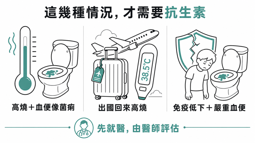 三種才需要抗生素的高風險情況：高燒加血便像菌痢、出國回來高燒38.5度以上、免疫低下合併嚴重血便，先就醫由醫師評估