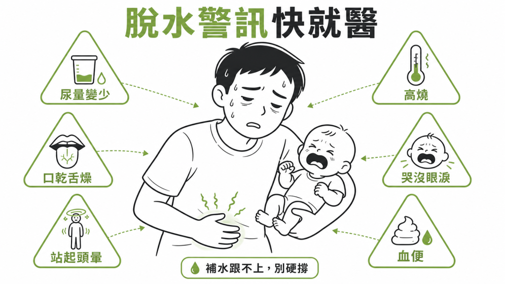 腹瀉最怕脫水尿量變少口乾舌燥站起頭暈嬰兒哭沒眼淚或合併高燒血便應快就醫