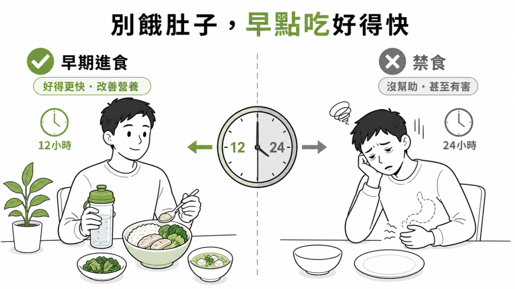 補水後12小時內早期進食和延後一樣安全還能好得更快改善營養傳統禁食24小時沒幫助甚至有害