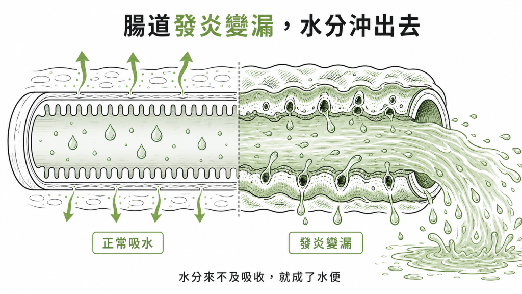 腸道像吸水的水管發炎變漏後水分來不及吸收被沖出去形成水便