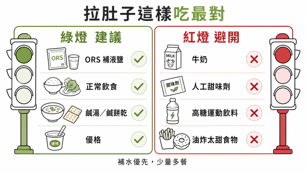 拉肚子飲食紅綠燈綠燈ORS補液鹽正常飲食鹹湯鹹餅乾優格紅燈牛奶人工甜味劑高糖運動飲料油炸太甜食物