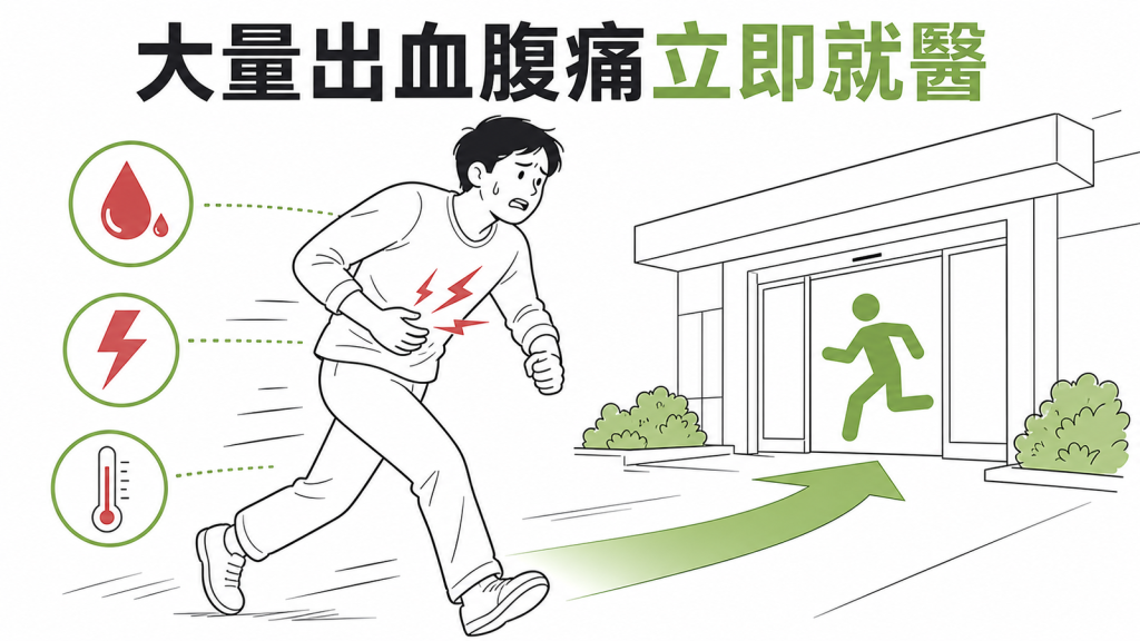 息肉切除後大量出血劇烈腹痛或發燒應立即就醫的衛教圖