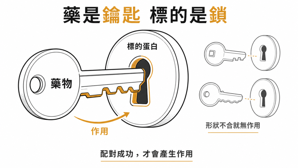 藥物像鑰匙、標的蛋白像鎖，形狀吻合才會插入作用的比喻示意