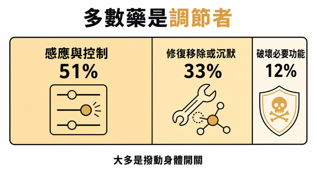 藥物三大作用策略比例：感應與控制51%、修復移除或沉默33%、破壞必要功能12%