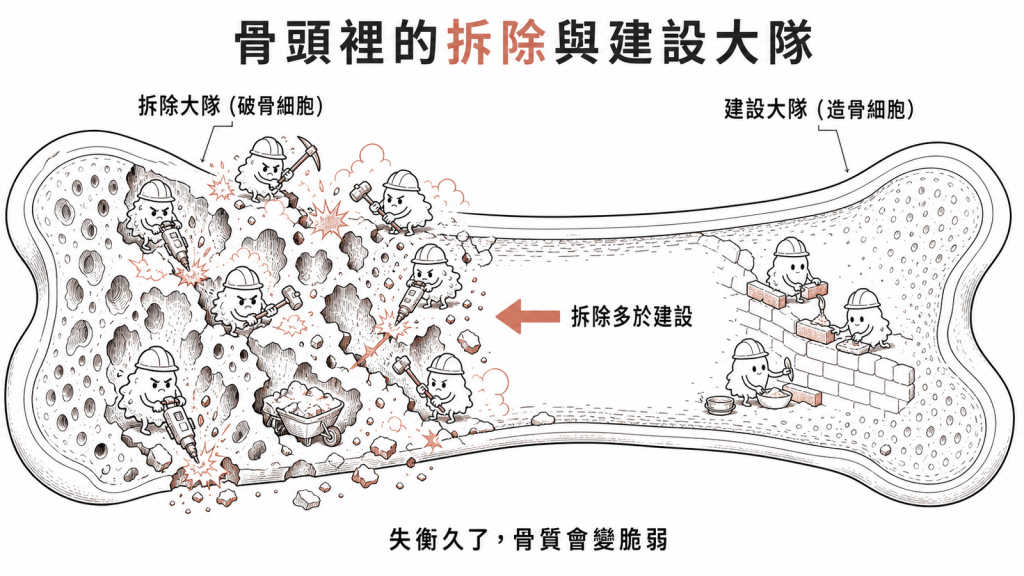 骨頭裡破骨細胞拆除大隊與造骨細胞建設大隊,年紀大時拆除多於建設導致骨質流失