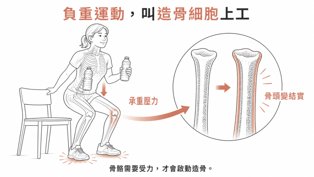 負重運動給骨骼承重壓力,發出信號叫造骨細胞上工,讓骨頭變結實