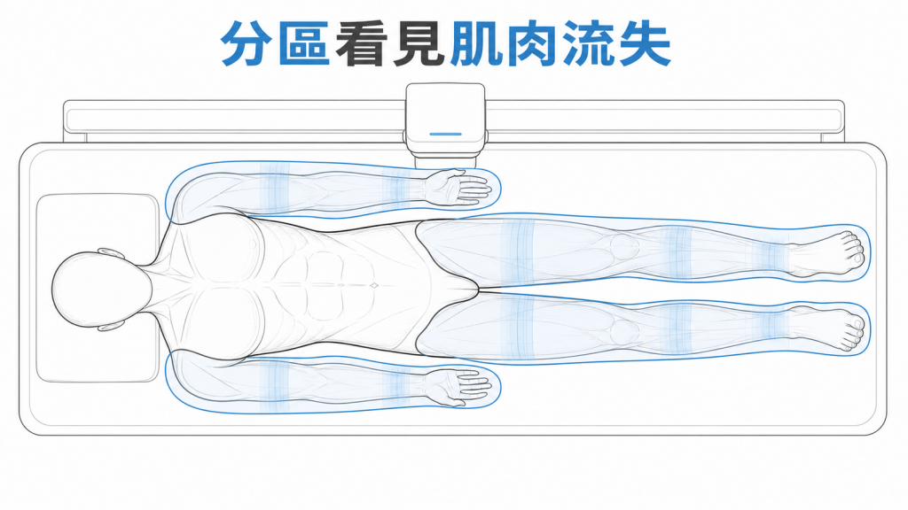 DXA 分區量測四肢與軀幹示意