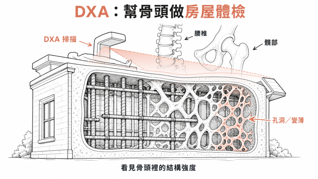 DXA 骨質密度檢查像幫骨頭做房屋結構體檢,掃描腰椎與髖部評估骨小樑強度