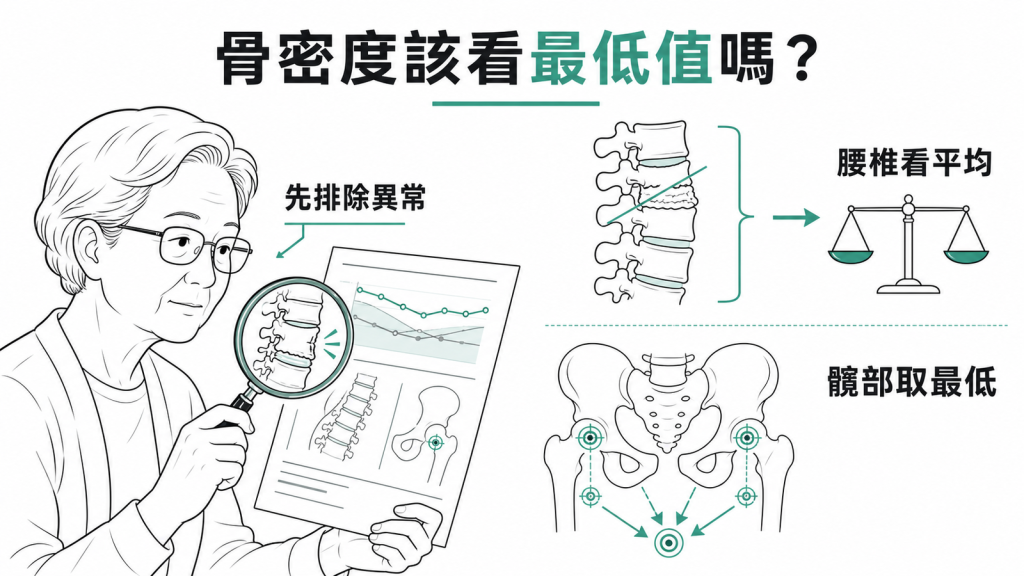 骨密度報告判讀:先排除異常椎體、腰椎取 L1-L4 平均、髖部取最低 T 值