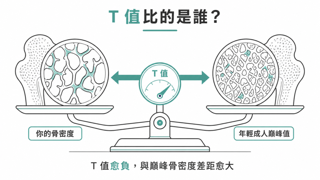 T 值是把你的骨密度與年輕成人巔峰值比較,愈負代表差距愈大