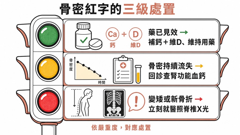 骨質密度紅字三級處置:藥已見效補鈣維D、持續流失回診查腎功能血鈣、變矮或新骨折立刻就醫