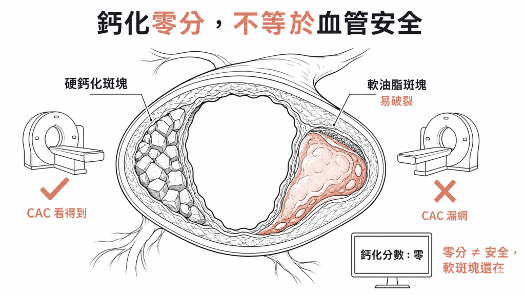冠狀動脈鈣化指數只看得到硬鈣化斑塊軟油脂或易破裂危險斑塊會漏網鈣化零分不代表血管安全