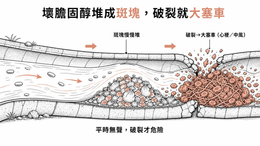 血管像排水溝壞膽固醇長年堆成動脈硬化斑塊破裂就瞬間堵塞造成心肌梗塞或中風