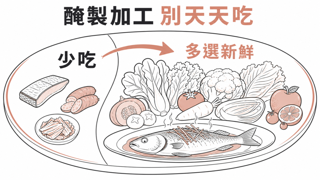 減少醃製加工食品並多選新鮮蔬果