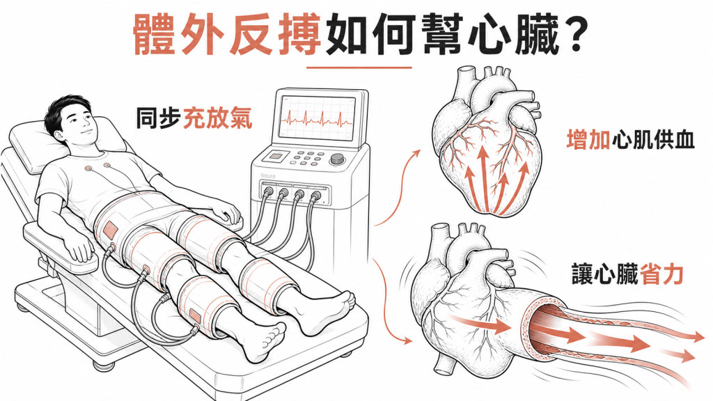 EECP體外反搏機器示意圖:受檢者平躺、小腿大腿臀部綁三對氣動護套,同步充放氣增加心肌供血並讓心臟省力