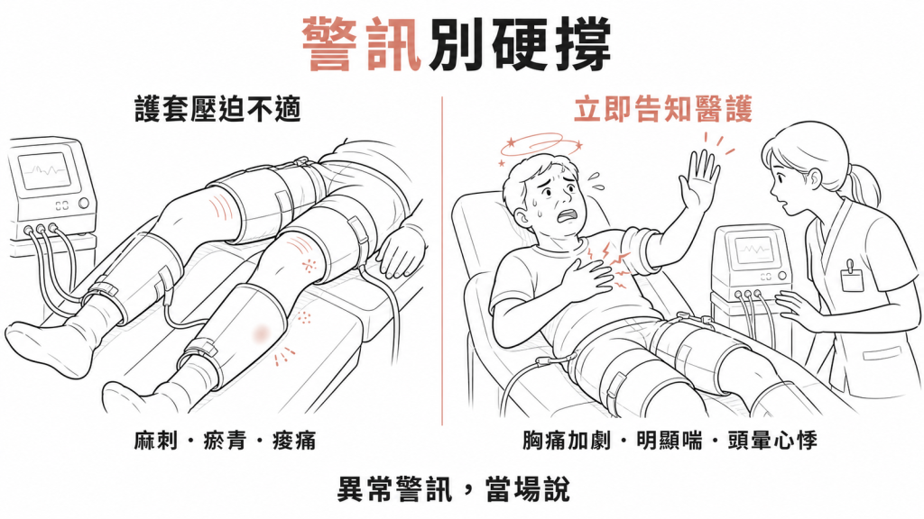 EECP副作用示意圖:護套壓迫造成的麻刺瘀青痠痛屬輕微,胸痛加劇明顯喘頭暈心悸則要當場告知醫護