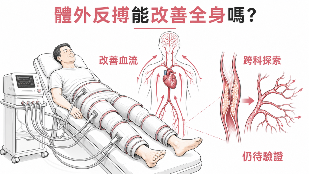 體外反搏跨科用途示意圖:受檢者接受EECP改善全身血流,血管內皮修復與側枝循環為共同機轉,多種用途仍待驗證