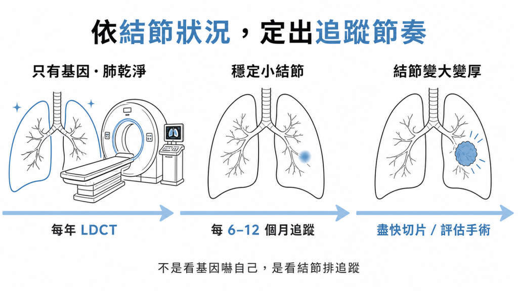依結節狀況定追蹤只有基因每年LDCT穩定小結節6到12個月追蹤變大變厚盡快切片評估手術