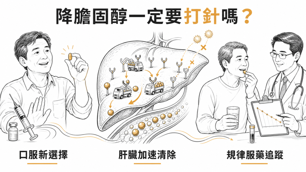 enlicitide 口服 PCSK9 抑制劑作用示意：肝臟加速清除壞膽固醇，不必打針