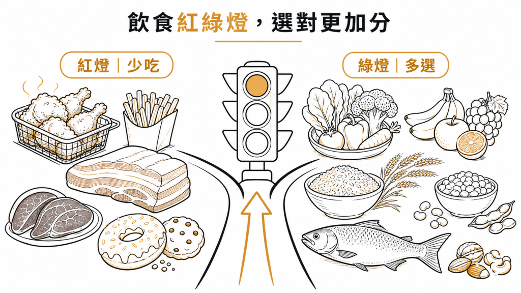 搭配 enlicitide 的飲食紅綠燈：少吃油炸肥肉甜點，多選蔬果全穀深海魚豆類堅果
