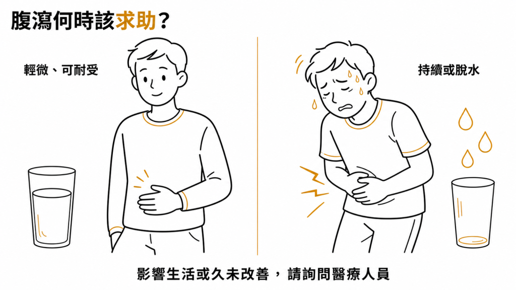 enlicitide 常見副作用腹瀉，輕微可耐受、持續或脫水應就醫的判斷示意