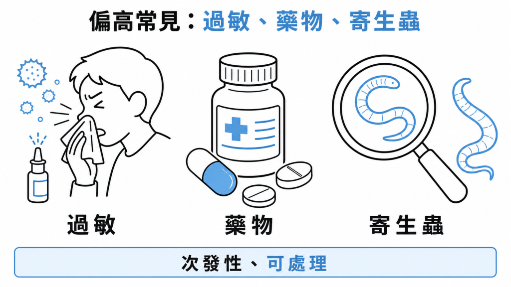 嗜酸性球偏高最常見三大主因過敏藥物寄生蟲都是次發性可處理的原因