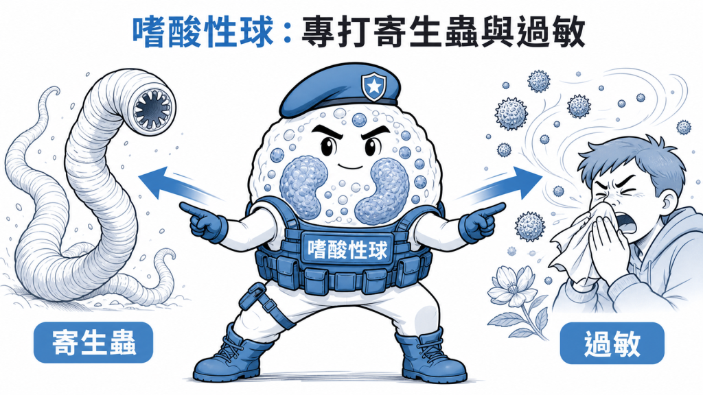 嗜酸性球像專門對付寄生蟲與過敏的特種兵這兩條戰線有事就會增多