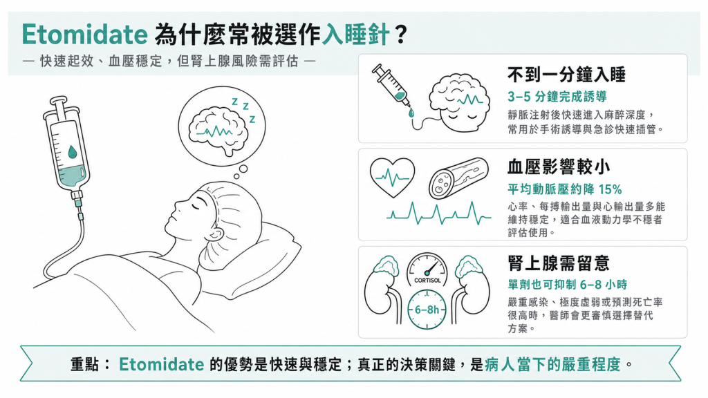 Etomidate 麻醉誘導藥資訊圖:不到一分鐘入睡、平均動脈壓約降 15%、單劑也可抑制腎上腺 6 至 8 小時