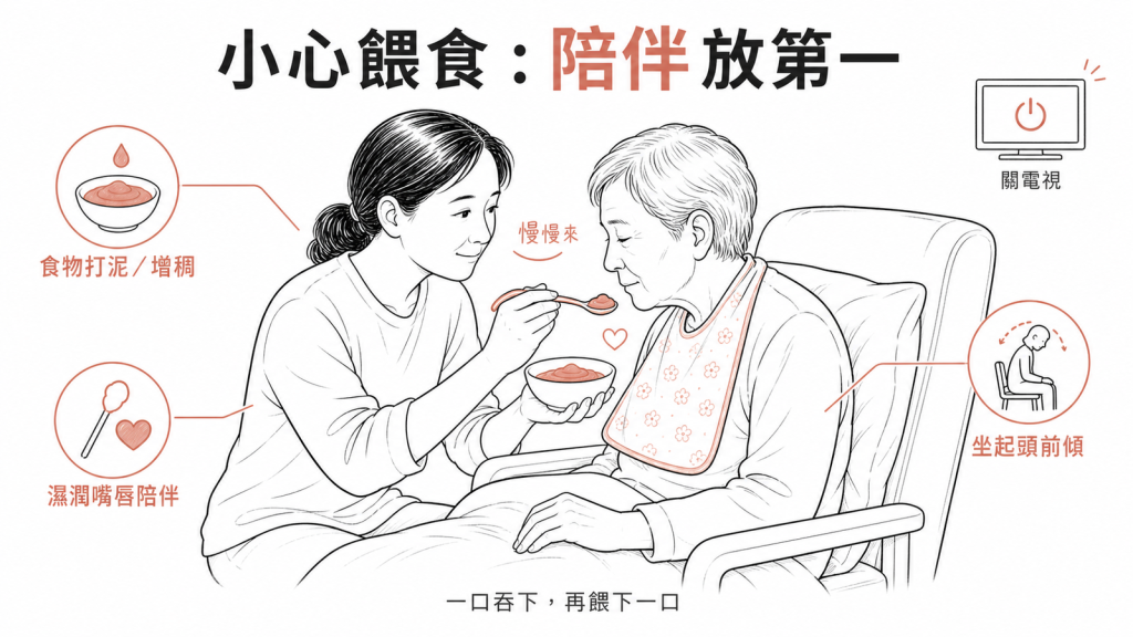 小心餵食：食物打泥增稠、坐起頭前傾、安靜慢慢餵、濕潤嘴唇陪伴，把陪伴與舒適放第一