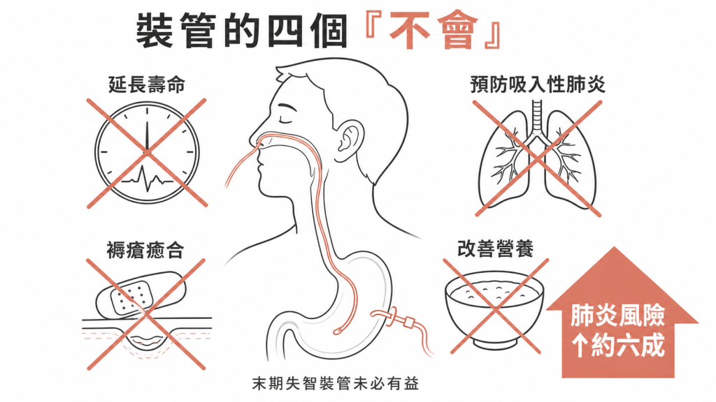 末期失智裝餵食管的四個不會：不延長壽命、不預防吸入性肺炎、不癒合褥瘡、不改善營養，肺炎風險反升約六成