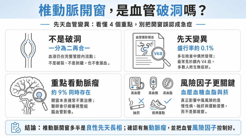 椎動脈開窗資訊圖:先天血管變異、盛行率約 0.1%、約 9% 合併顱內動脈瘤、控制血壓血糖血脂與戒菸才是關鍵