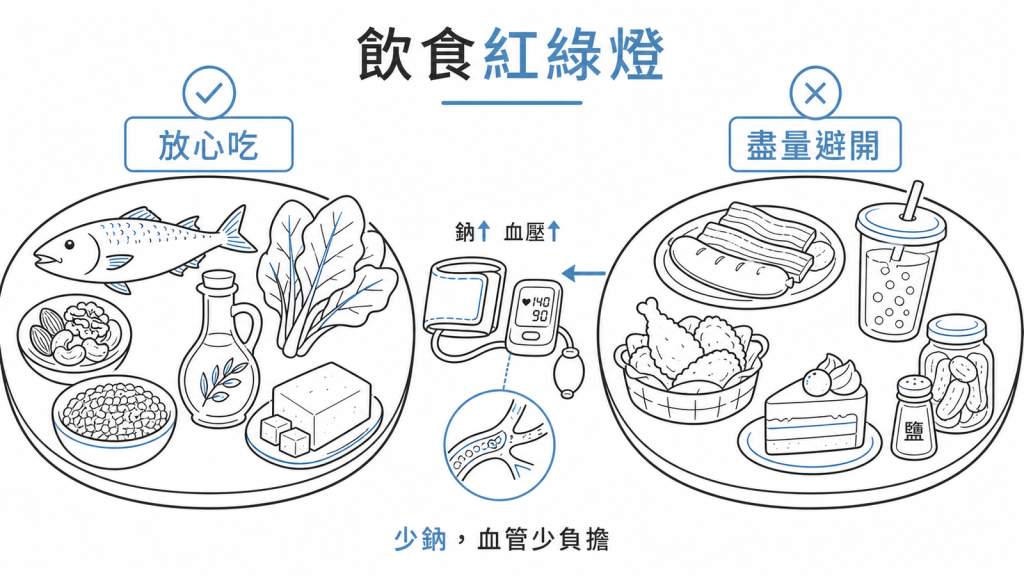 護血管飲食紅綠燈:放心吃深海魚、深綠蔬菜、堅果、橄欖油、豆製品;避開加工肉品、含糖飲料、油炸物與高鈉醃漬物