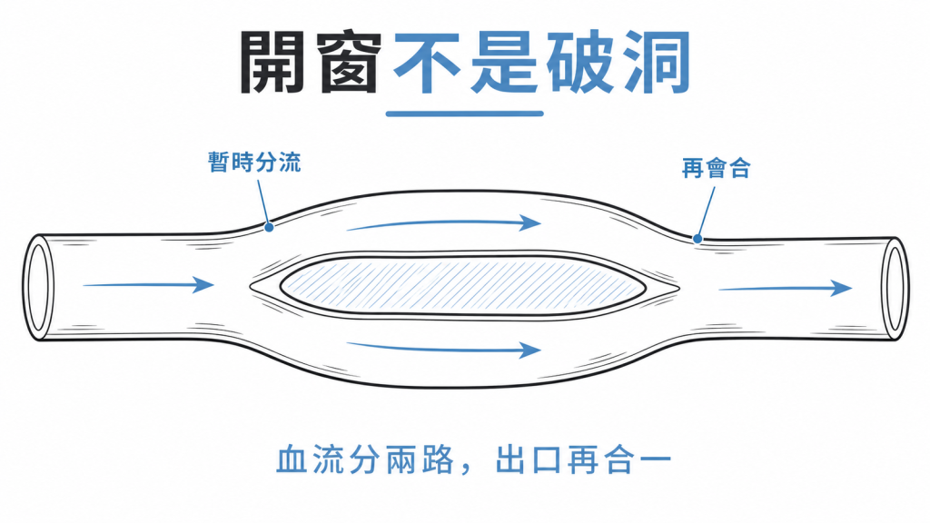 椎動脈開窗示意圖:血流在開窗段暫時分成兩路,出口再合而為一,血液全程在完整管腔內流動