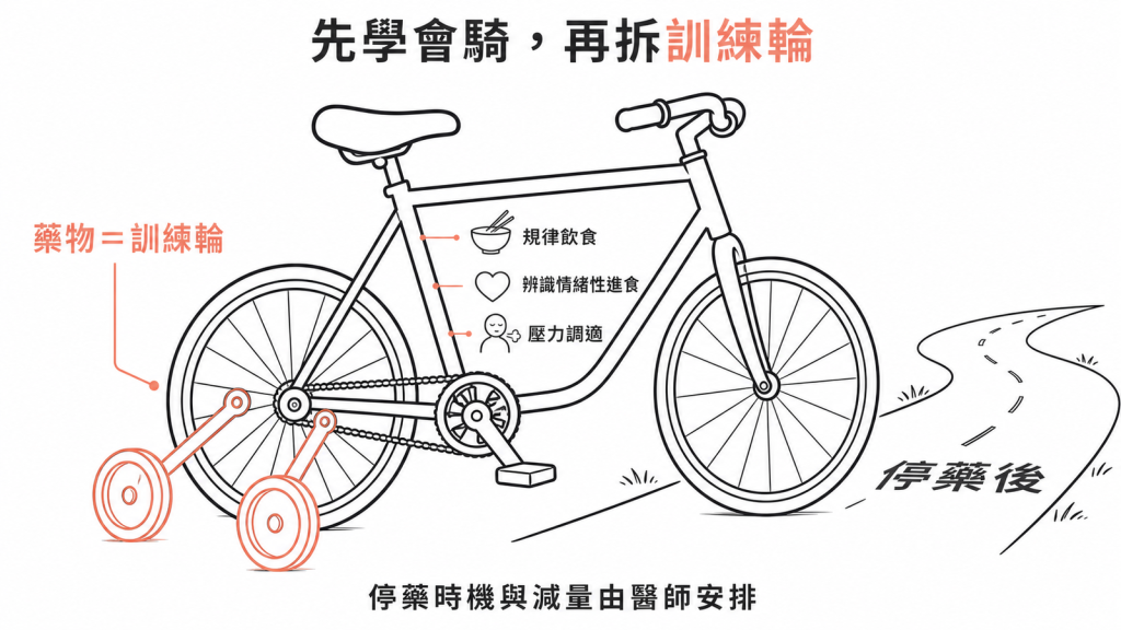 停藥前先練行為技能示意圖:藥物像訓練輪,趁用藥期間練好規律飲食、辨識情緒性進食與壓力調適,停藥時機由醫師安排